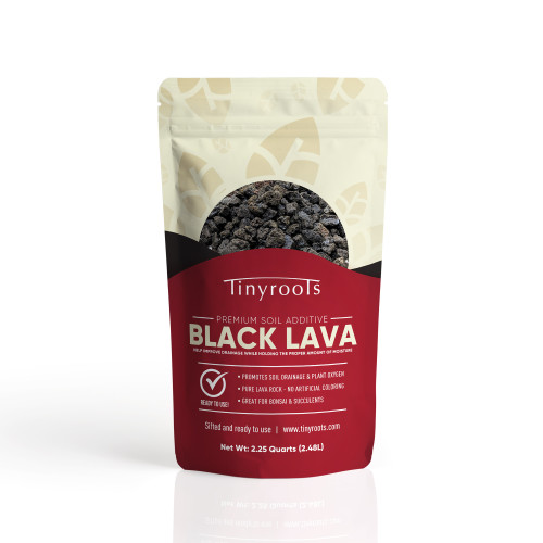 A front-facing view of a 2.25-quart (2.48L) stand-up resealable pouch of Tinyroots Premium Black Lava soil additive. The packaging features a cream-colored top section with a subtle, stylized leaf pattern and a bold red lower section. A circular transparent window in the center reveals the contents: small, dark, porous, and uniformly sized volcanic rocks. 

Prominent white text on the red portion of the bag reads "BLACK LAVA" and describes it as a premium soil additive that helps improve drainage while holding the proper amount of moisture. A checklist on the bag highlights that the product promotes soil drainage and plant oxygen, consists of pure lava rock with no artificial coloring, and is great for bonsai and succulents. At the bottom, it specifies the product is sifted and ready to use for repotting projects. The bag is shown against a clean white background with a soft reflection underneath.