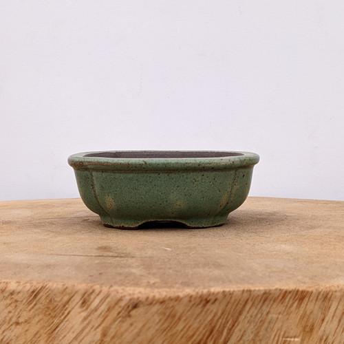 4 inch Yixing bonsai pot in a speckled mossy green semi-matte glaze, No. 900