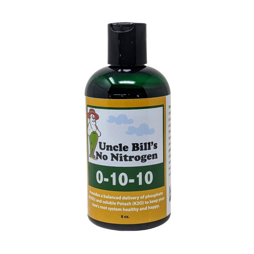 Uncle Bill's No Nitrogen 0-10-10 bonsai fertilizer in an 8 oz dark green bottle with a black flip-top cap