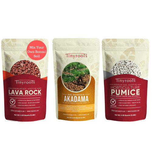 A product image showcasing a set of three 2.25-quart bags of Tinyroots premium bonsai soil additives, arranged side-by-side against a white background. 

On the left is a red bag labeled "Lava Rock," which contains coarse, reddish-brown volcanic stones visible through a circular window. A red circular badge in the corner reads "Mix Your Own Bonsai Soil." 

The center bag is tan and labeled "Akadama," featuring a circular photo of a bonsai tree growing in the granular, clay-like soil aggregate. The text notes it is 100% double-sifted hard akadama to aid healthy root growth. 

On the right is a dark red bag labeled "Horticulture Pumice," showing light grey, porous volcanic rocks through its window. The packaging highlights that these components promote soil drainage and oxygen for bonsai and succulents. Each bag features the Tinyroots logo and the "Ready to Use" checkmark seal.