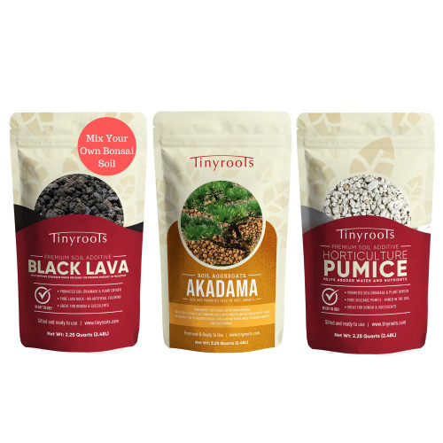 A product image of a Tinyroots Premium Bonsai Soil 3-Pack, designed for enthusiasts to mix their own specialized bonsai soil. The image shows three stand-up, resealable 2.25-quart (2.48L) bags arranged side-by-side against a white background. 

The left bag contains "Black Lava," a premium soil additive shown as dark grey volcanic rock through a circular window; its label notes it is used to improve drainage and oxygenation. The middle bag is "Akadama" soil aggregate, which consists of double-sifted hard clay granules prized for moisture retention and promoting healthy root growth in conifers and deciduous trees. The right bag contains light grey "Horticulture Pumice," a volcanic additive that helps absorb water and nutrients. All three bags are labeled as sifted and ready to use for bonsai and succulents.