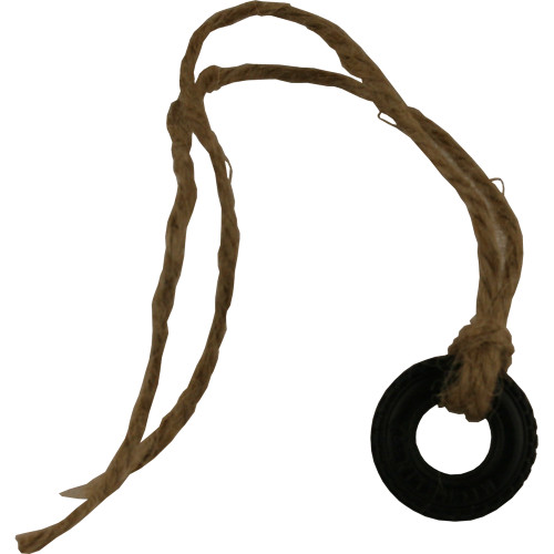 A miniature tire swing figurine designed as an accessory for a bonsai tree or fairy garden. The decoration features a small, realistic black rubber tire with visible tread marks, tied to a long piece of natural brown jute twine. The twine is looped through the center of the tire and extends into two long strands, allowing it to be hung from a branch to create a whimsical garden scene.