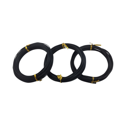 An image showing a three-piece kit of black anodized aluminum bonsai wire, arranged horizontally against a stark white background. The kit features three separate coils of wire in different thicknesses, known as gauges: a thin wire on the left, a medium thickness in the middle, and the thickest gauge on the right. This variety of sizes is essential for the precision styling and training of different-sized branches on a bonsai tree, from delicate twigs to sturdier primary branches. Each coil is meticulously wound and secured in two places with shiny gold-colored twist ties, ensuring the wire stays neatly organized and ready for use. The black color of the wire is a popular choice among practitioners as it blends subtly with the dark bark of many bonsai species during the training process. This professional-grade aluminum wire is a fundamental supply for both beginners and experienced bonsai enthusiasts, particularly useful during re-potting and seasonal maintenance for shaping the tree's overall aesthetic.