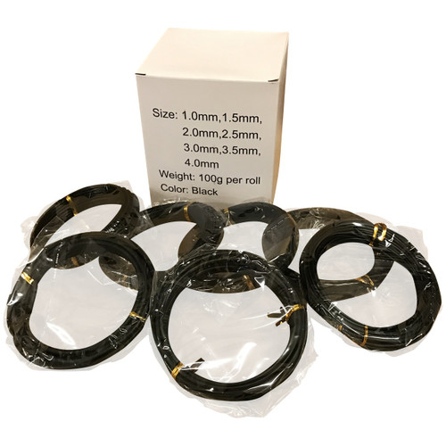A seven-piece set of black aluminum bonsai training wire is displayed against a clean white background. In the background, a tall, white rectangular box features text indicating that the pack includes seven different sizes: 1.0mm, 1.5mm, 2.0mm, 2.5mm, 3.0mm, 3.5mm, and 4.0mm. The box also specifies a weight of 100g per roll and the color as black. 

In the foreground, seven individual coils of wire are arranged. Each coil is wrapped in clear, crinkled plastic packaging and secured with small, gold-colored twist ties. The visible thickness of the wire varies across the rolls, illustrating the diverse range of sizes included in the pack, which are essential for shaping and styling bonsai trees of various sizes and branch thicknesses. This comprehensive bonsai wire set from Bonsai Outlet provides all the necessary gauges for precise tree training.