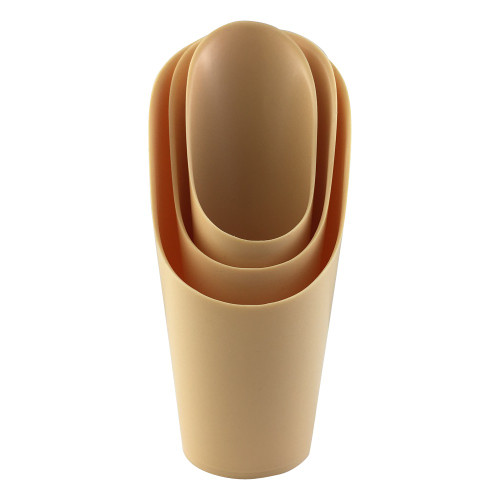 A three-piece set of beige, plastic soil scoops designed for bonsai gardening and precise potting. The image shows three different-sized scoops—small, medium, and large—nested neatly inside each other for compact storage. Each scoop features a smooth, cylindrical body that tapers into an angled, pointed tip, making it easy to scoop and accurately place soil into small pots or around delicate bonsai roots. The scoops are shown standing vertically against a plain white background, highlighting their matte, tan-colored plastic material and graduated sizes.