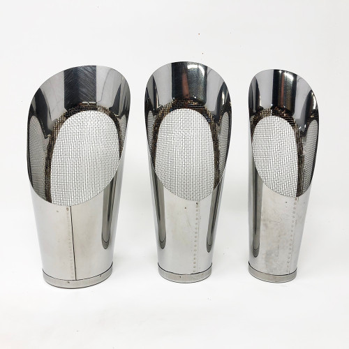 A professional set of three stainless steel bonsai soil scoops in graduated sizes—small, medium, and large—is displayed standing upright against a clean, neutral white background. Each scoop is crafted from polished, reflective stainless steel and features a sturdy, flat circular base, allowing it to stand independently. The scoops have a cylindrical body that tapers slightly towards the top, where they are cut at a sharp angle to create a pointed, open end ideal for the precise delivery of soil into bonsai pots. 

A unique and functional feature of these scoops is the fine wire mesh screen integrated into the back of the scoop's head, which allows bonsai enthusiasts to sift out fine dust and small particles while handling soil. The polished metal surfaces show subtle reflections, and vertical seams with small, visible rivets run down the sides, indicating a durable and well-made construction. This set of three tools is essential for the repotting process, providing the right size for everything from filling large training pots to working in small, delicate containers.