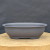 A front-facing, eye-level shot of a dark gray, oval-shaped plastic bonsai training pot. The pot features a wide, shallow basin with a slightly flared upper rim and a fine, matte texture. It is meticulously crafted with a small, integrated base that includes visible gaps for essential soil drainage. The planter is centered on a thick, light-colored wooden tree-slice pedestal, providing a rustic contrast to the pot’s smooth finish. The background is a solid, dark charcoal fabric, which emphasizes the clean lines and functional silhouette of this durable training vessel used for the early development and styling of bonsai trees.