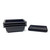 A set of matte black plastic bonsai training pots and matching drip trays arranged on a white background. On the left, three 6-inch rectangular Tokoname grow pots are stacked, showing their sturdy construction, wide rims, and small integrated feet at the corners for proper drainage. To the right, a stack of three matching rectangular saucers sits ready for use to catch excess water during plant care. This collection of durable plastic pots is ideal for the initial cultivation and training phases of bonsai growth.