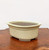 An elegant, rectangular cream-colored glazed bonsai pot with softly rounded corners and a slightly flared, flat rim. The exterior of the ceramic container features a unique hand-finished, hammered texture that adds depth and visual interest to the light cream glaze. The interior is unglazed, revealing the natural, earthy brown ceramic material. The pot sits on four small, sturdy, unglazed blocky feet for stability and drainage. It is displayed on a highly polished wood surface with a rich, dark brown grain and a warm finish, all set against a clean, minimalist off-white background. This sophisticated bonsai pot is designed to complement a wide range of tree styles, providing a neutral but textured base for any miniature tree.