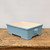 Three quarter view of the matte sky blue rectangular bonsai pot