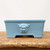 Rectangular light blue glazed bonsai pot on light brown wood