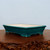 A detailed view of a rectangular, glazed bonsai pot in a deep, vibrant forest green or teal. The pot has a shallow, elegant profile with slightly flared sides and a subtle lip at the top. Its interior is coated in a contrasting off-white or cream glaze. The ceramic pot stands on four small, blocky feet at each corner. It is positioned on a thick, rustic wooden stand with a rugged, bark-covered edge, creating a natural aesthetic. The background is a clean, minimalist light grey, which highlights the rich color and fine crackle finish of the pot's glaze.