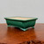 A rectangular, emerald green glazed ceramic bonsai pot sits atop a rich, textured reddish-brown wooden surface against a plain, light-gray background. 

The pot features a vibrant, deep green glaze with a subtle crackle pattern, often referred to as crazing, which adds depth and character to the finish. Its design is characterized by slightly flared upper rims and decorative, scroll-like "cloud feet" at each of the four corners, giving it an elegant and traditional aesthetic. The sides of the pot are adorned with recessed rectangular panels, adding a touch of architectural detail. The interior of the pot is left unglazed in a natural cream color, providing a clean contrast to the bold exterior. This classic, high-quality glazed pot is designed for the cultivation and artistic display of bonsai trees.