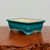 Rectangular glazed pot on a polished reddish brown display surface