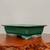 An elegant, high-quality rectangular green glazed bonsai pot is captured in a low-angle studio shot, resting on a polished, rich reddish-brown wooden slab. This ceramic bonsai container features a deep, vibrant emerald green glaze with a smooth, glossy finish that reflects the light. The pot's design includes a wide, flared top rim and four sturdy, ornate "cloud feet" that are intricately carved with decorative scrollwork, showing hints of the lighter-colored ceramic body beneath the green glaze. The interior of the pot remains unglazed, revealing a natural tan ceramic texture. Positioned against a plain, neutral light gray background, the pot's classic rectangular shape and bold color are emphasized, making it a sophisticated choice for displaying various bonsai tree styles.