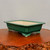 A rectangular, deep forest green glazed ceramic bonsai pot sits centered on a polished, reddish-brown wooden burl stand. The pot features a wide, flat rim that flares slightly outward, with a contrasting pale cream or light tan interior. Four decorative cloud-style feet support the pot at each corner, adding a touch of traditional elegance. The glossy green glaze exhibits subtle tonal variations, highlighting the vertical ridges at the corners and the intricate details of the feet. This high-quality glazed bonsai pot is displayed against a clean, neutral light gray background, emphasizing its rich color and classic shape, suitable for a variety of bonsai tree styles.