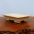 Rectangular cream glazed pot on polished dark reddish brown wood