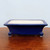 A side-profile product photograph of a rectangular glazed bonsai pot in a deep, vibrant cobalt blue. The ceramic pot features a classic design with a wide, flat rim that flares outward and sides that curve gently down toward the base. It is supported by four distinctive, ball-shaped feet at each corner. The glossy, high-shine blue glaze covers the entire exterior, providing a bold contrast against the pale, cream-colored unglazed interior. The pot is positioned on a dark, polished wooden tabletop against a plain, light-gray background, highlighting its elegant shape and rich color. This type of container is ideal for adding a splash of color to a bonsai display, especially for trees with white flowers or bright green foliage.