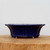 A side-profile photograph of a deep cobalt blue glazed bonsai pot resting on a thick, natural wood block. The ceramic pot features a classic flared shape with a scalloped, flower-like rim and small integrated feet that show the natural tan clay underneath. The glossy finish of the blue glaze is uniform and vibrant, contrasting with the neutral white background and the warm grain of the wooden surface.