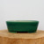 A high-quality studio photograph showcases an oval-shaped glazed ceramic bonsai pot in a vibrant, rich emerald green. The pot features a smooth, glossy finish that reflects light, highlighting its elegant curves and polished texture. It has slightly flared sides and a recessed, footed base designed for stability and proper drainage. The bonsai pot sits centrally on a thick, rustic wooden slab with visible natural grain, providing a warm contrast to the cool green ceramic. The entire scene is set against a clean, neutral off-white background, putting the focus entirely on the craftsmanship and vivid color of the bonsai container.