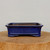 A detailed view of a rectangular eight-inch glazed bonsai pot in a rich, deep cobalt blue. The ceramic container features a glossy, subtly speckled glaze and a slightly flared top rim that adds a touch of elegance. Traditional decorative "cloud" style feet are positioned at each corner, elevating the pot slightly from the surface. The bonsai pot is centered on a thick, natural cross-cut wood slice that shows off the wood's grain and texture. The interior of the pot is unglazed, revealing the natural, warm brownish-red clay body. The entire scene is set against a plain, neutral off-white background, highlighting the vibrant blue color and classic rectangular shape of this artisanal bonsai container.