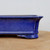 A detailed close-up side profile of a corner on an eight-inch rectangular glazed bonsai pot. The pot features a vibrant, deep cobalt blue glaze with a fine, speckled texture that adds depth and character to its surface. The image focuses on the right-hand side, showcasing the pot's slightly flared top lip and a sturdy, integrated decorative foot at the corner. The smooth, glossy finish of the ceramic pot rests on a light tan wooden surface against a clean, off-white background, highlighting the rich color and traditional craftsmanship of the vessel.