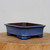 An 8-inch rectangular, deep blue glazed ceramic bonsai pot sits atop a rustic, light-colored wooden cross-section slab. The pot features a vibrant, slightly speckled blue glaze with a glossy finish that contrasts beautifully with its unglazed, reddish-brown clay interior. Its design includes slightly flared sides, a reinforced upper rim, and four small, decorative cloud-style feet. A subtle indented line runs around the lower portion of the pot, just above the feet, adding a refined detail to its profile. The pot is centered in the frame against a clean, neutral off-white background, highlighting the rich color and elegant craftsmanship of the ceramic container.