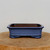 An eye-level, front-facing shot of an eight-inch rectangular blue glazed bonsai pot. The pot features a rich, deep blue ceramic glaze with a subtle mottled texture and a slight sheen. It is designed with rounded corners, a gently flared rim, and a decorative horizontal ridge near the base. The pot stands on four small, integrated feet that lift it slightly off the surface. The interior of the container is unglazed, showing a natural dark reddish-brown clay color. It is centered on a light-toned, thick wooden slab with visible natural grain and growth rings. The background is a clean, neutral off-white wall, which makes the vibrant blue of the bonsai pot stand out. This classic rectangular bonsai pot is an ideal choice for a variety of bonsai tree species, providing both aesthetic appeal and a functional home for a tree's root system.