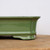 A detailed close-up shot highlighting the craftsmanship and color of a rectangular glazed bonsai pot. The pot features a lustrous olive-green glaze with a smooth, glossy finish that subtly reflects light. The image focuses on the lower corner, showing a gracefully flared rim at the top and a decorative molded base at the bottom. The base transitions into integral, wave-shaped feet that elevate the pot slightly. The dark, unglazed edge of the base is visible where it meets a textured, light-brown wooden surface. The background is a soft, neutral off-white, putting all emphasis on the elegant lines and rich green hue of this eight-inch ceramic container.