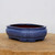 An eye-level studio photograph of a six-inch blue glazed ceramic bonsai pot resting on a circular wooden block. The planter features a rich, mottled cobalt blue glaze with a speckled texture and a classic oval shape with subtle scalloped indentations along the sides. Small, integrated feet elevate the pot, and the rim shows a thin dark border. The interior reveals the unglazed, reddish-brown clay. The pot is centered against a clean, off-white background, emphasizing its craftsmanship as a high-quality bonsai accessory.
