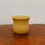 An unglazed ceramic bonsai pot in a warm, muted ochre or mustard-yellow color sits centrally on a dark, rustic wooden surface. The pot features a graceful, rounded silhouette with a bulbous base that tapers slightly inward before flaring out towards a smooth, thick rim. Its matte finish and earthy tone highlight the natural texture of the clay, characteristic of high-quality unglazed bonsai pottery. The pot is set against a simple, light-gray background, which emphasizes its clean lines and minimalist aesthetic. This type of breathable, unglazed clay vessel is a practical and traditional choice for housing various bonsai tree species.
