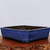 A detailed view of a Yixing 2285 glazed bonsai pot, characterized by its deep cobalt blue color and elegant rectangular shape with indented, canted corners. The ceramic pot features a smooth finish with subtle mottling and two parallel horizontal decorative ridges encircling the upper and lower edges. It sits on short, integrated feet, resting atop a polished, reddish-brown wood slab with a highly textured, natural bark edge. This handcrafted container is set against a neutral, off-white background, highlighting the rich blue glaze and traditional craftsmanship characteristic of Yixing pottery, making it a sophisticated choice for various bonsai tree styles.