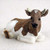 A detailed miniature Guernsey bull figurine designed for bonsai tree displays. The small bull is depicted lying down in a restful pose with its legs tucked beneath its body. It features a classic brown and white pattern, with a solid brown head and neck, a white patch on its forehead, and large white patches along its sides. Small, pale-colored horns sprout from the top of its head. The figurine has a textured surface that mimics the appearance of fur, adding a sense of realism to a miniature garden or bonsai arrangement. It is shown resting on a light-colored, sandy background.