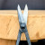 A close-up, detailed shot of Kaneshin bud shears (SKU34G), a specialized Japanese bonsai tool designed for precision pruning. The shears are made of forged dark steel with a textured finish on the handles and a sharp, polished silver edge on the short, pointed blades, which are shown slightly open. A sturdy black pivot screw holds the two pieces together, and a traditional Japanese kanji mark is stamped into the metal handle just below the joint. The tool is standing upright against a piece of light-colored, natural-grained wood, with a soft-focus dark grey background that highlights the fine craftsmanship and professional quality of the shears.