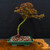A detailed studio photograph of a 10-year-old Japanese Maple bonsai tree (No. 14163), a non-grafted and seed-grown specimen, presented against a stark black backdrop. 

The tree's slender, smooth green trunk rises with a gentle S-curve from a rectangular, dark green Yixing ceramic pot. Its canopy is filled with characteristic palm-shaped leaves in a beautiful gradient of bronze, orange, and green. Fine brown styling wires are subtly visible on the branches, demonstrating traditional bonsai shaping techniques. 

The pot is topped with a decorative layer of red and white gravel, and a small pink tag is visible at the base of the trunk. The entire arrangement is displayed on a polished, irregular-shaped wooden slab with a prominent, swirling grain, adding to the tree's natural and artistic appeal.