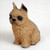 A detailed miniature figurine of a red Brussels Griffon dog, specifically designed as a decorative accent for a bonsai tree arrangement. The small figurine is depicted in a sitting pose, looking slightly toward the left. Its coat is a warm tan or ginger color with a highly textured, shaggy finish that realistically captures the breed's wiry hair. The dog's face features large, glossy black eyes that reflect light, a small black button nose, and a characteristic flat muzzle, giving it a charmingly grumpy expression. Its small ears are pointed and stand upright. The figurine is photographed against a plain, off-white, slightly textured background, which makes the warm tones and intricate details of the miniature pet stand out clearly.
