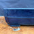 Close-up of vintage Yamafusa bonsai pot showing dark blue glaze, rounded corner detail, surface patina, and signs of previous use.