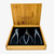 Tinyroots three piece stainless steel tool kit in an open bamboo box