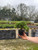 A close-up of a person's hand, slightly soiled from gardening, holding a small windswept juniper pre-bonsai tree in a black plastic nursery pot. The juniper features dense, vibrant green foliage that leans gracefully to one side, showcasing its natural movement and windswept style.

The setting is an outdoor garden nursery on an overcast day. In the background, long rows of similar small bonsai trees sit on wooden benches supported by cinder blocks. The ground is covered with black landscape fabric to prevent weed growth. In the distance, tall deciduous trees with bare branches stand against a grey, cloudy sky. A fine mist from a nearby sprinkler system hangs in the air, adding a soft, damp atmosphere to the scene. This outdoor starter bonsai is a perfect example of a tree with established character and unique styling.