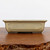 A professional studio photograph of a classic Tokoname Japanese bonsai pot. This rectangular ceramic container features a smooth cream-colored glaze with subtle dark accents highlighting the recessed decorative panel on its front. The pot has a slightly flared rim and sits on small, sturdy feet visible at the base. It is resting on a polished, warm-toned wood display surface against a clean white background, showcasing the elegant craftsmanship of authentic Japanese bonsai pottery.