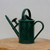 An alt text description for the image:

A dark hunter green Haws 2-pint plastic watering can, designed for precision indoor gardening and bonsai care, sits on a light-colored wooden stump against a plain white background. The watering can features a classic design with an embossed diamond lattice pattern on its cylindrical body. It is equipped with two ergonomic handles: a high, arched top handle for easy carrying and a second curved handle on the back for controlled, precise pouring. A long, slender spout extends diagonally upward from the base, with a detachable sprinkler rose conveniently parked on a side mount. A small gold brand sticker is visible near the top fill hole, emphasizing the quality of this functional and lightweight gardening tool.