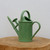 A sage green Haws 2-pint plastic watering can, specifically designed for bonsai and delicate indoor plants, rests on a thick, natural wood slice against a neutral off-white background. The watering can features a long, tapered spout for precise reach, with its detachable rose nozzle currently stored on a convenient side peg. The main body of the can is decorated with an embossed diamond lattice pattern and a central leaf-shaped emblem bearing the Haws brand name. It is equipped with two ergonomic handles: a tall, curved top handle for easy carrying and a large, arced back handle for controlled pouring. The top has a wide, angled opening for easy filling, making it a functional and classic tool for any plant enthusiast.