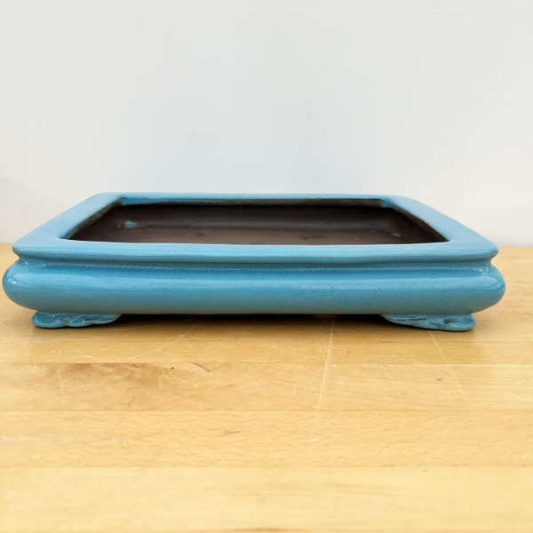A wide-angle, eye-level photograph showcases a 12-inch shallow rectangular Yixing ceramic bonsai pot. The pot features a vibrant, glossy sky-blue glaze with a subtle, speckled texture. Its design includes a distinctive stepped-out rim and a gently rounded body that rests on four small, decorative corner feet. 

The interior of the pot is a contrasting dark, unglazed chocolate-brown ceramic, characteristic of traditional Yixing clay. The vessel is centered on a light-colored, natural wood tabletop, set against a clean, minimalist white background that emphasizes the pot's elegant proportions and striking color. This shallow rectangular style is ideal for formal or informal upright bonsai trees, offering a wide, stable base for root development.