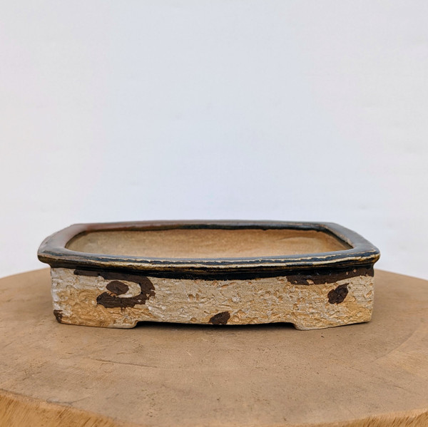 An artisanal, rectangular bonsai pot handcrafted by American ceramic artist Bruce Lenore. The pot showcases a rugged, highly textured exterior in a light buff or sandy tone, accented by dark brown, painterly splatters and marks. A smooth, dark chocolate-colored glaze coats the wide top rim, contrasting with the craggy, earth-like texture of the sides. The pot features small, integrated feet and is displayed on a circular wooden pedestal against a clean, off-white wall. This unique, American-made ceramic container is designed for bonsai trees, blending a rustic, natural aesthetic with refined craftsmanship.