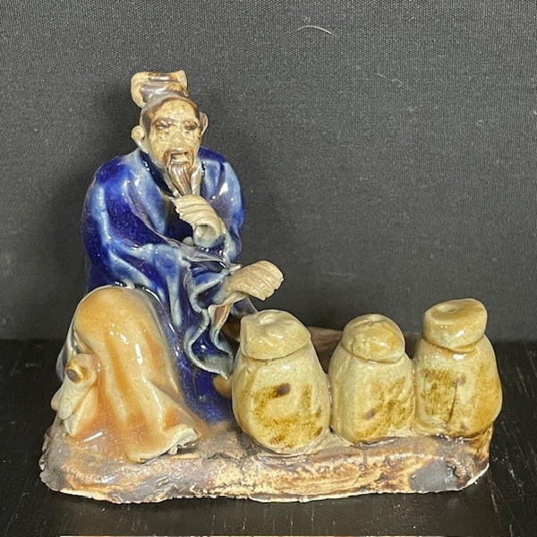 Chinese Figurine - Man Sitting with Vases - glazed (F-063G)