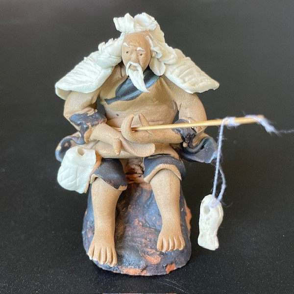 Chinese Figurine - Man Sitting on Rock Fishing (F-008)