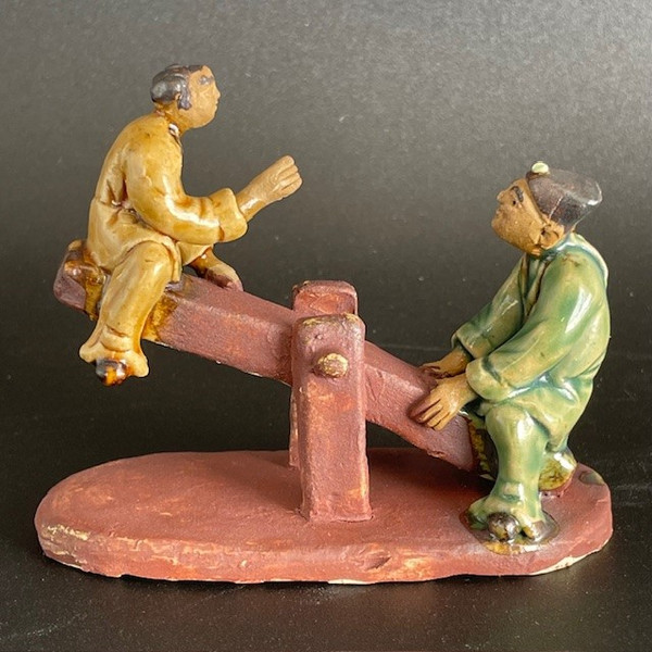Chinese Figurine - Father & son playing seesaw - glazed (F-027)