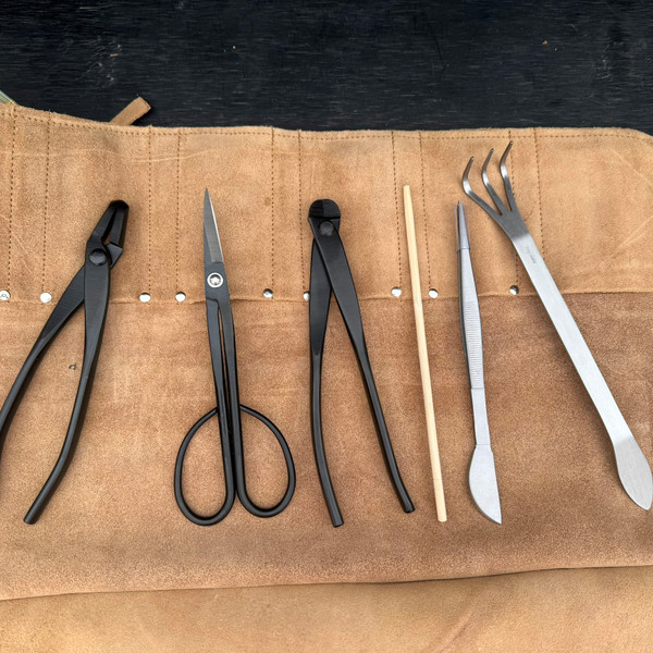NEBG 5-Piece Pro Bonsai Tool Set (Carbon Steel) with Handmade Leather Roll – Only One Available