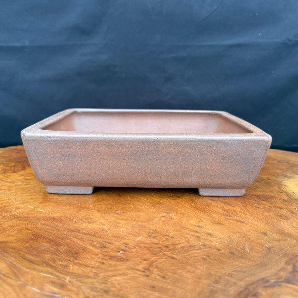 Front view of new unglazed rectangular Reiho Tokoname bonsai pot with tapered walls and sturdy feet
