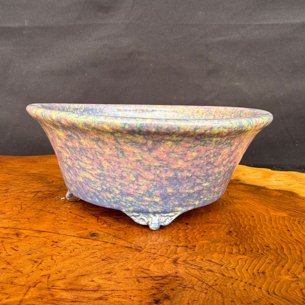 Shuho handmade round flared multicolor glazed bonsai pot front view